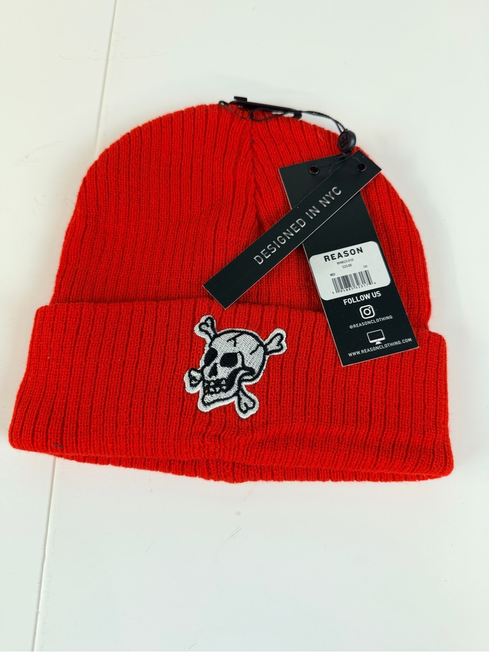 REASON Red Knit Beanie with Skull Patch